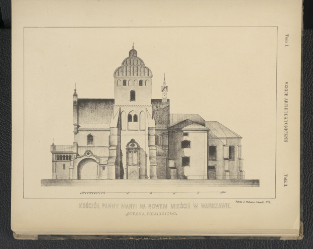 Altes Buchcover mit detaillierter architecturaler Zeichnung einer Kirche mit sichtbaren Fenstern, Bögen und Säulen, begleitet von beschreibendem Text.