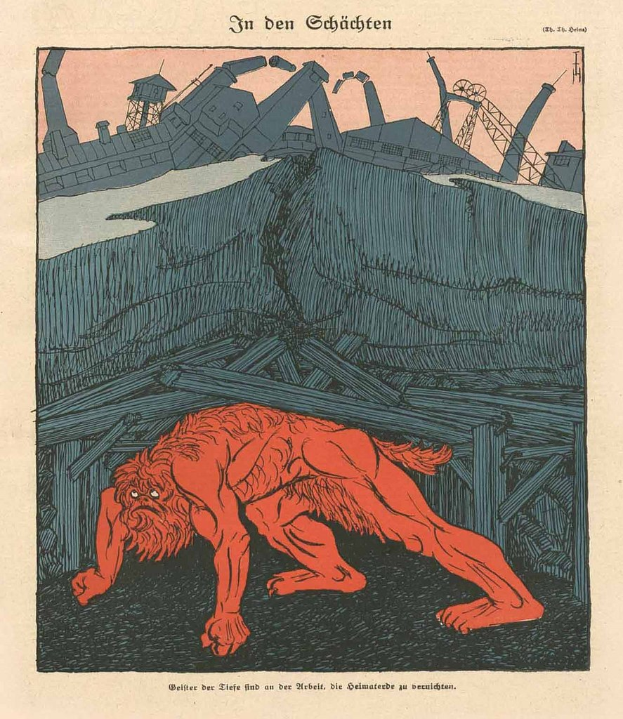 Illustration eines bedrohlichen Werwolfs in Kampfstellung vor einem rauchenden Fabrikgelände unter einem tiefblauen Himmel, mit einem Plakat im Hintergrund, das das Bild des Werwolfs und fetten Text zeigt.