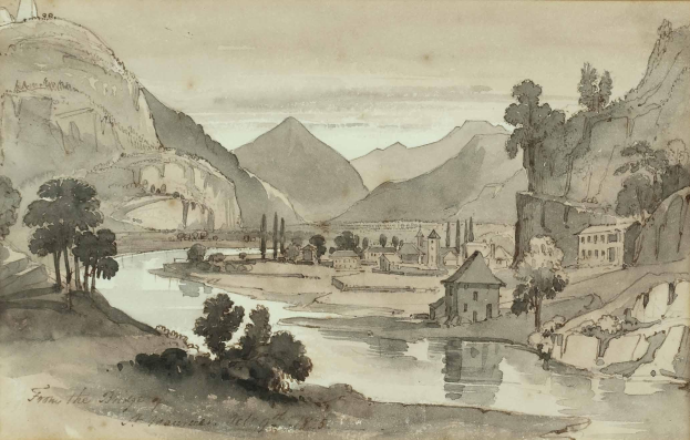 Eine Zeichnung eines Flusses, der durch eine bergige Landschaft mit Bäumen, Häusern und Bergen im Hintergrund verläuft, mit der Aufschrift "Von der Rheinbrücke" unten.