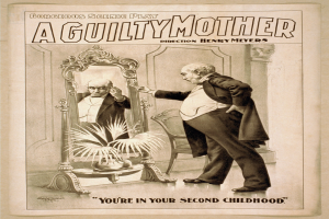 Ein Plakat, das einen Mann zeigt, der vor einem Spiegel steht, mit einem Stuhl und einer Pflanze im Hintergrund, mit der Aufschrift "Eine schuldige Mutter - Du bist in deiner zweiten Kindheit."