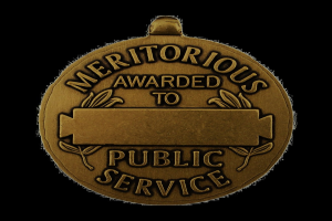 Bronzene Medaille mit 'Verdienstvoll für öffentliche Dienste' eingraviert vor weißem Hintergrund.