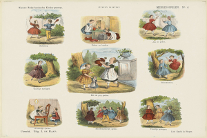 Ein Kinderbuch mit Bildern von Kindern, die in einem Park mit Bäumen und anderen Gegenständen spielen, begleitet von Text.