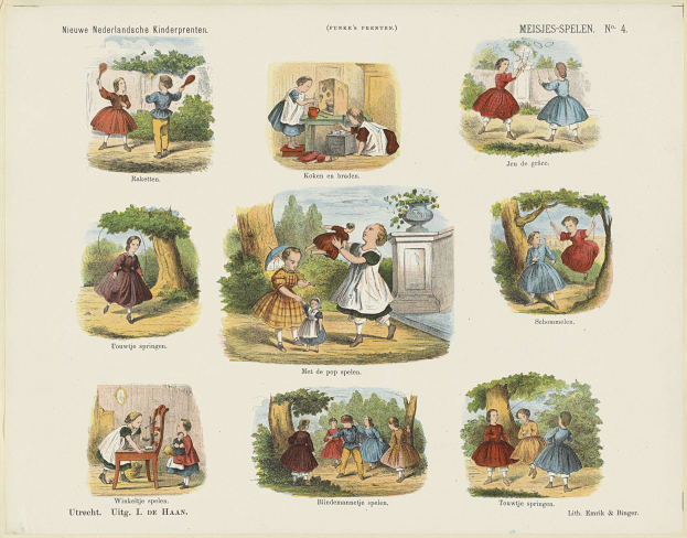 Ein Kinderbuch mit Bildern von Kindern, die in einem Park mit Bäumen und anderen Gegenständen spielen, begleitet von Text.