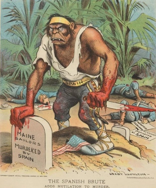 Zeichnung eines Mannes mit einem Messer, der über einem Grab steht, umgeben von liegenden Gestalten und Bäumen, mit der Unterschrift "Der spanische Barbar fügt Verstümmelung dem Mord hinzu" unten.