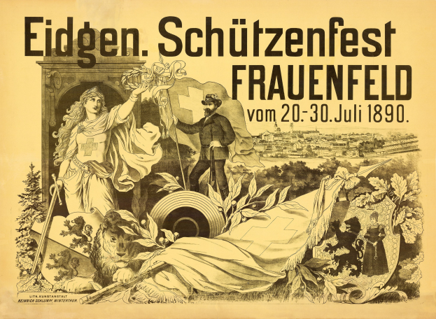 Plakat für das Eidgenössische Schützenfest in Frauenfeld, Deutschland, das einen Mann in einem Anzug und eine Frau in einem Kleid zeigt, die nebeneinander stehen, sowie Veranstaltungseinzelheiten.