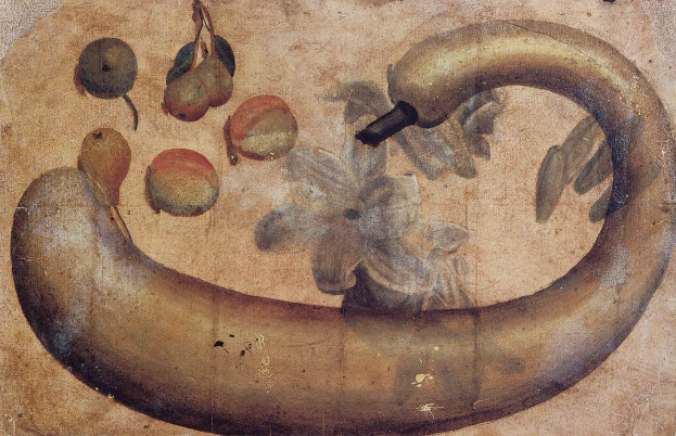 Gemälde einer Banane mit einer Blume darauf, umgeben von verschiedenen Frucht und Blättern auf Papier mit leuchtenden Farben und deutlichen Details.