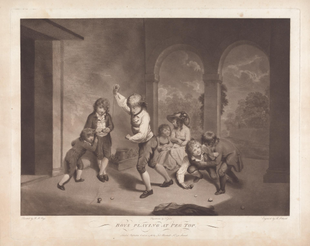 Jungen, die in einer Außenumgebung mit Bäumen, Säulen und einem bewölkten Himmel ein Spiel mit Stecknadeln spielen, mit der Beschriftung 'Jungen beim Stecknadelspiel' unten.