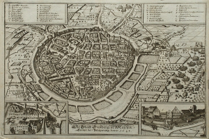 Schwarz-weißes Vintage-Karte von Berlin, Deutschland, zeigt Gebäude, Bäume und Text.