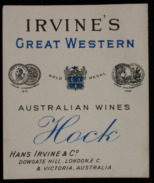 Plakat, das Irvines Great Western Australian Wines Hock bewirbt, mit dem Logo und Text, der verschiedene Weinarten angibt.