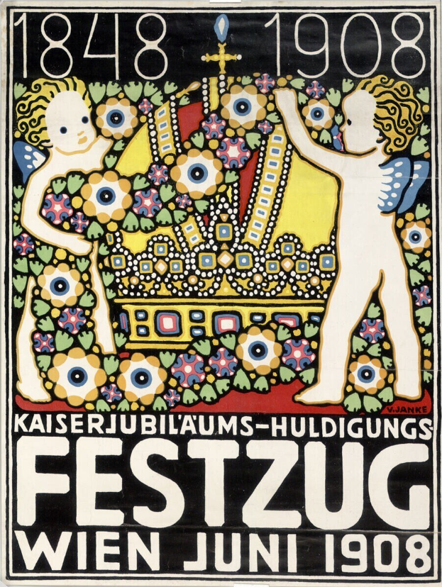 Plakat für ein Wiener Festival mit einem Gemälde von zwei Kindern, die Arm in Arm stehen und Text mit Festivaldetails.