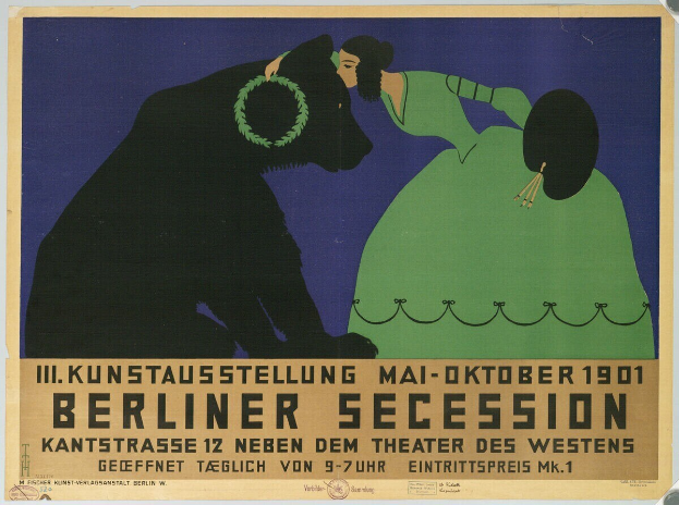 Plakat der Berliner Secession mit einer Frau in einem grünen Kleid und einem Mann in einem schwarzen Anzug, mit Text zur Beschreibung des Ereignisses.