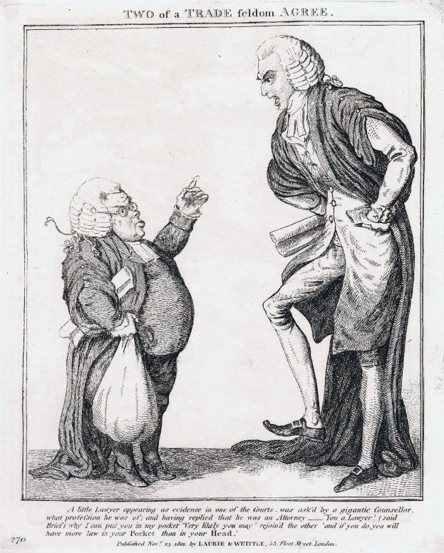 Schwarz-weiß-Zeichnung von zwei Personen, eine hält eine Tasche, mit dem Text "Zwei eines Handwerks Feldom Agree", was eine Diskussion über einen Handwerksabschluss suggeriert.