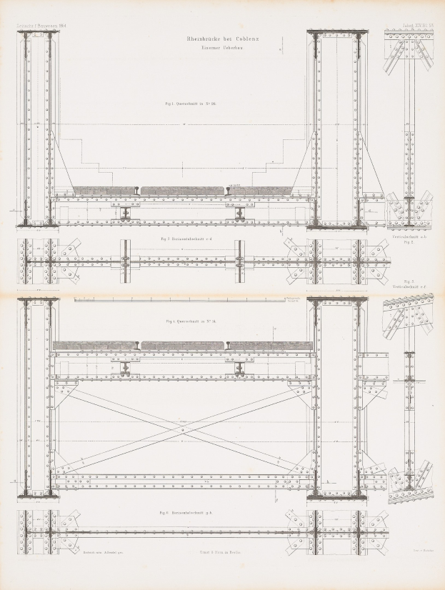 Ausführliches architektonisches Detailbild eines Brückenbauplans aus einem Buch, das Konstruktionskomponenten wie Balken und Seile mit begleitendem erklärendem Text zeigt.