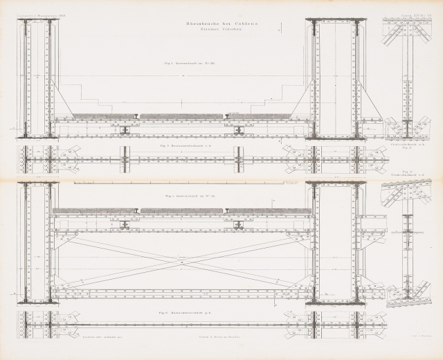 Ausführliches architektonisches Detailbild eines Brückenbauplans aus einem Buch, das Konstruktionskomponenten wie Balken und Seile mit begleitendem erklärendem Text zeigt.