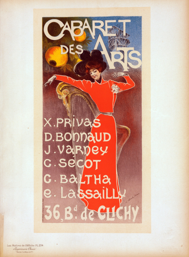 Plakat für das Cabaret des Arts in Paris mit einer Frau in rotem Kleid, in einem klassischen Photo-Rahmen mit umgebendem Text.
