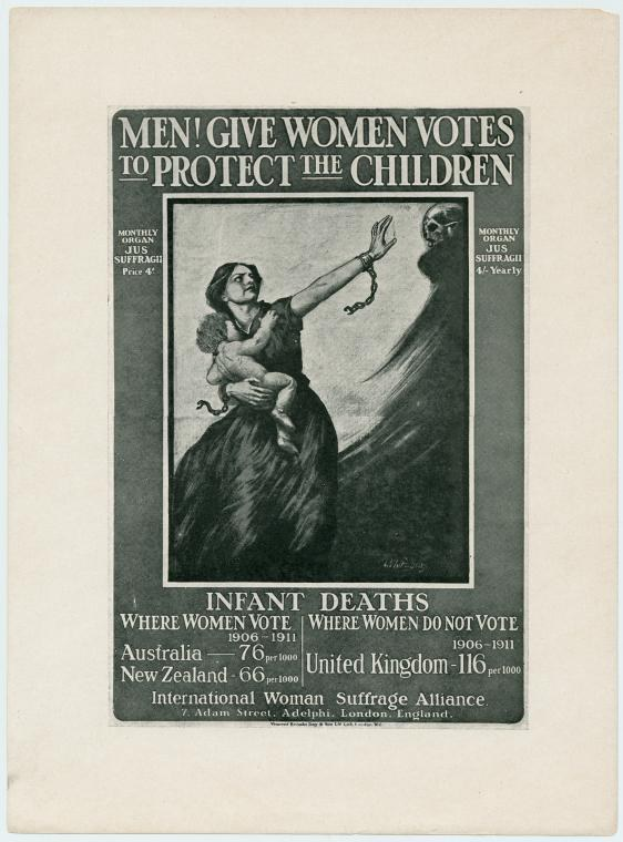 Schwarzes und weißes Plakat mit einer Frau in einem weißen Kleid, die ein Baby hält, mit dem Text "Männer geben Frauen Stimmen, um die Kinder zu schützen" darüber.