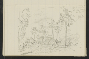 Ein offenes Skizzenbuch, das eine Zeichnung einer Gruppe von Menschen zeigt, die in einem üppigen, grünen Dschungel mit hohen Bäumen, einem tiefblauen Himmel mit vereinzelten weißen Wolken und einer strahlenden Sonne stehen.