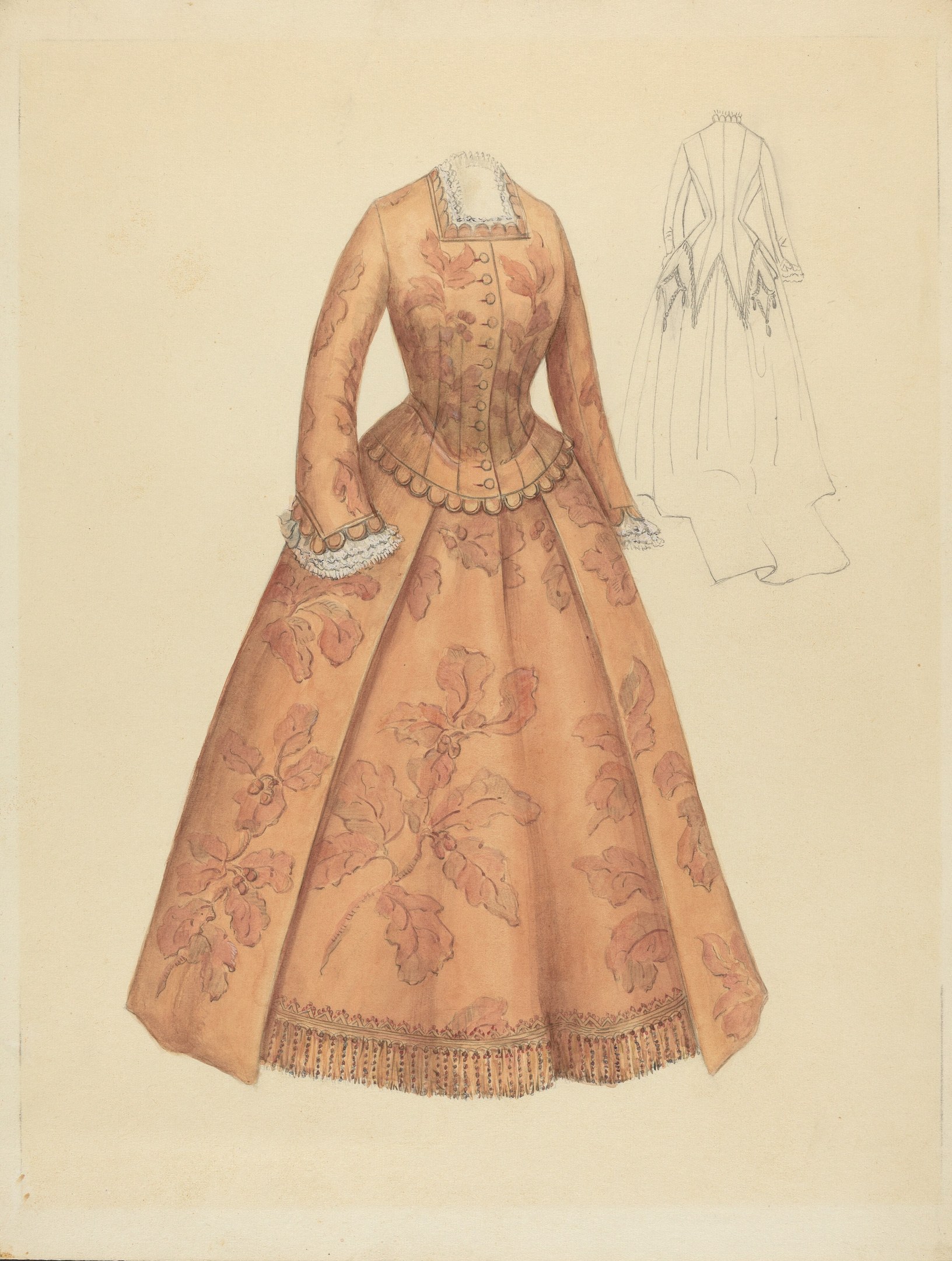 Eine Zeichnung eines 18.-Jahrhundert-Kostümentwurfs mit einem langen Blumenmuster-Kleid mit hohem Kragen, fließendem bodenlangen Rock und Spitzenbesatz, vor einem hellblauen Hintergrund.