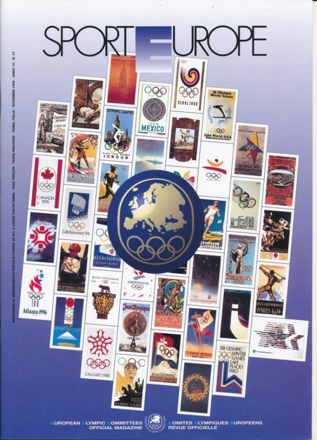 Ein Buchumschlag mit dem Titel "Sporting Europe", der farbenfrohe Bilder und Texte zu den Olympischen Spielen in Europa zeigt, mit fetter weißer Schrift auf einem bunten, detailreichen Hintergrund.