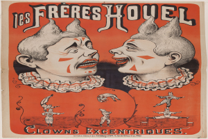 Ein Zirkusposter mit zwei Clowns in bunten Kostümen mit fröhlichen Gesichtern, begleitet von Text, der den Zirkus und seine Künstler beschreibt.