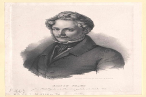 Schwarz-weiß-Porträt von Ernst Frühls, einem deutschen Komponist und Pianisten, der einen Anzug trägt und einen Schnurrbart hat, mit ernster Miene, und deutschem Text unten.