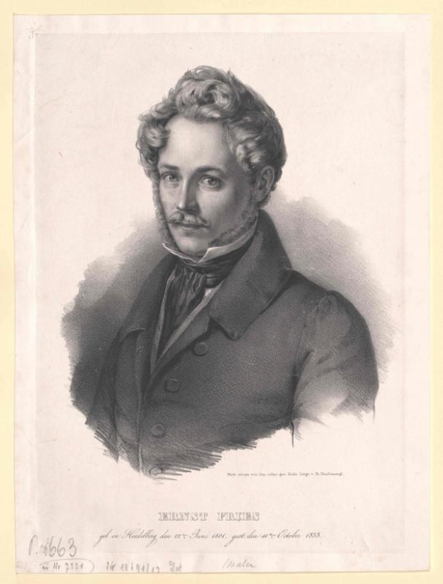 Schwarz-weiß-Porträt von Ernst Frühls, einem deutschen Komponist und Pianisten, der einen Anzug trägt und einen Schnurrbart hat, mit ernster Miene, und deutschem Text unten.