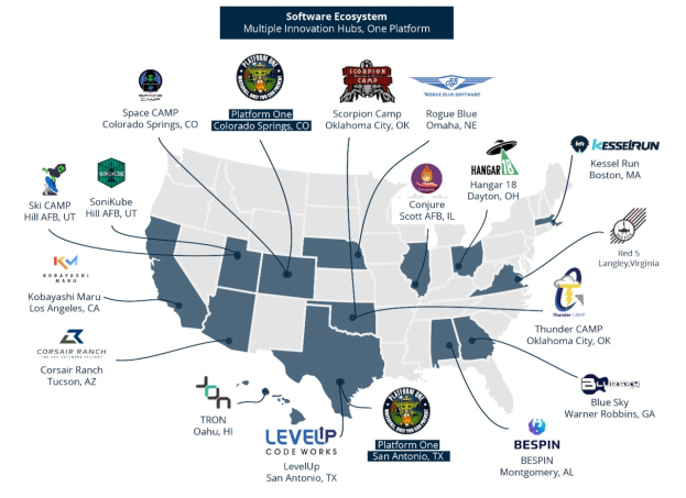 Eine Karte der Vereinigten Staaten mit Logos von Unternehmen, die Standorte im Software-Ökosystem markieren, und begleitendem Text, der weitere Details zu den Unternehmen und ihren Standorten enthält.