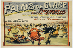 Ein Plakat, das eine Tanzvorstellung im Palais de Glace in Paris ankündigt, zeigt eine Gruppe von Menschen in bunten Kostümen, die fröhlich tanzen, umgeben von Text.
