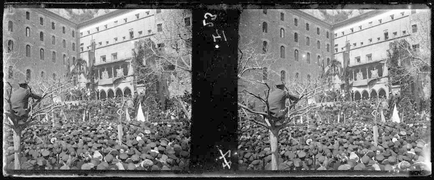 Ein Schwarz-Weiß-Foto einer großen Menschenmenge vor einem Gebäude mit Fenstern, Bäumen und Fahnen im Hintergrund, die scheinbar an einer Protestaktion teilnehmen, wobei einige Schilder und Transparente halten.