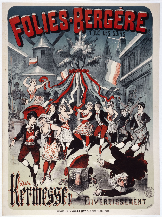 Ein Plakat für das Folies-Bergère-Festival in Paris, das eine Gruppe tanzender Menschen im Vordergrund und Gebäude, Flaggen und einen Baum im Hintergrund zeigt, sowie französischen Text oben und unten.