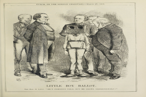 Zeichnung eines kleinen Jungen mit einer Kamera in der Hand, der von einer Gruppe Menschen umgeben ist, mit dem Text 'Little Boy Ballot' unten.