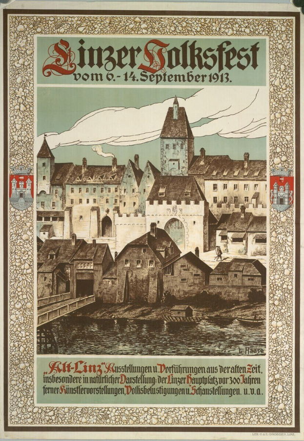 Ein altes deutsches Festivalplakat mit einer Burgen-Illustration umgeben von Häusern und Text, der das Ereignis ankündigt.