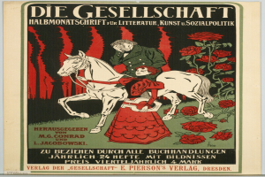 Ein deutsches Propagandaplakat der Gesellschaft, das einen Mann und eine Frau auf einem Pferd zeigt, umgeben von Rosen, mit Text zur Ereignisinformation.