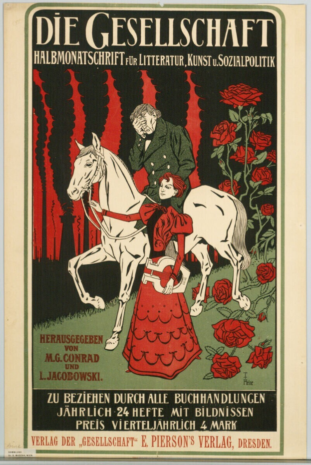 Ein deutsches Propagandaplakat der Gesellschaft, das einen Mann und eine Frau auf einem Pferd zeigt, umgeben von Rosen, mit Text zur Ereignisinformation.