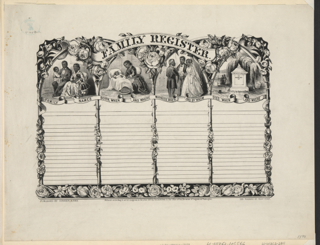 Schwarz-weißes Familienregister mit einem Gruppenfoto in der Mitte und handgeschriebenen Text, der Familieninformationen enthält.