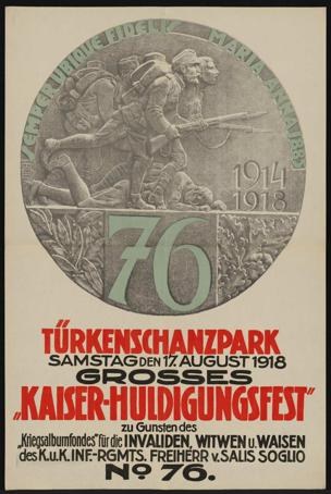 Plakat zum 70-jährigen Jubiläum des Kaiser-Huldigungsfestes in Berlin, Deutschland, das eine Gruppe von Menschen in der Mitte zeigt, umgeben von Text und Zahlen, in einem Foto Rahmen.