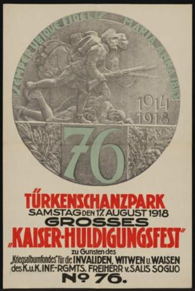 Plakat zum 70-jährigen Jubiläum des Kaiser-Huldigungsfestes in Berlin, Deutschland, das eine Gruppe von Menschen in der Mitte zeigt, umgeben von Text und Zahlen, in einem Foto Rahmen.