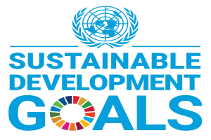 Blauer Kreis mit weißer Umrandung und Stern, umgeben von einem weißen Ring mit 'Sustainable Development Goals' in blauer Schrift auf weißem Hintergrund.