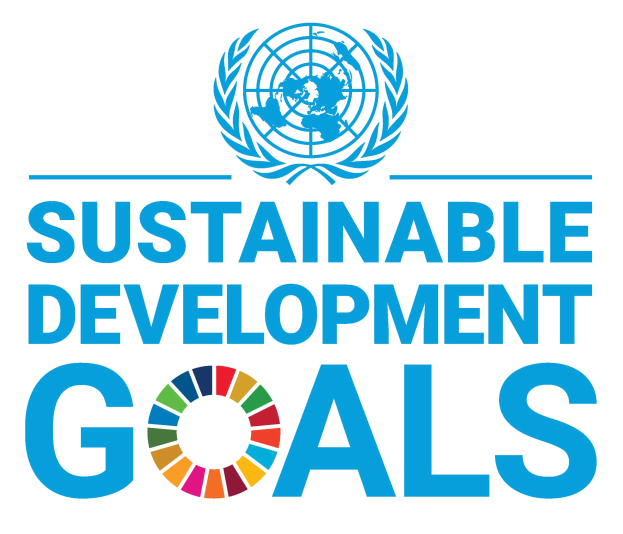 Blauer Kreis mit weißer Umrandung und Stern, umgeben von einem weißen Ring mit 'Sustainable Development Goals' in blauer Schrift auf weißem Hintergrund.