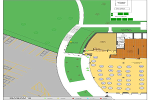 Ein detaillierter Lageplan einer neuen Schule, der Räume, Flure und Campus-Einrichtungen zeigt und von Text begleitet wird, der das Layout, die Schülerkapazität, die Klassenzimmerlage und Annehmlichkeiten beschreibt.