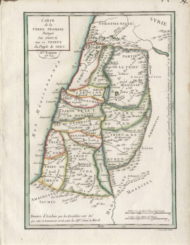 Altes Buch mit detaillierter Karte des Nahen Ostens und Israels, einschließlich beschrifteter Städte und geografischer Merkmale, begleitet von Text.