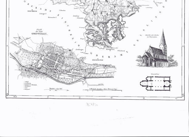 Eine alte Schwarz-Weiß-Karte von Hamburg, Deutschland, mit einer zentralen Kirche und umgebendem Text.