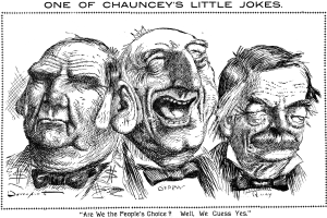 Plakat mit einer Zeichnung von drei lachenden Menschen und dem Text "Einer von Chaunceys kleinen Witzen" oben und unten.