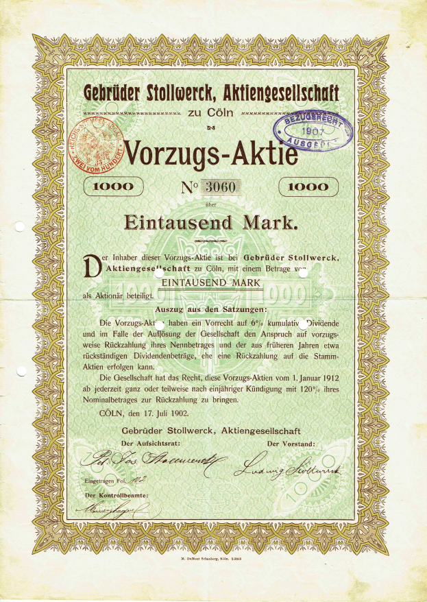 Ein altes deutsches Aktienzertifikat mit einem grünen Hintergrund und einem goldenen Rand, das Text und einen Stempel zeigt.