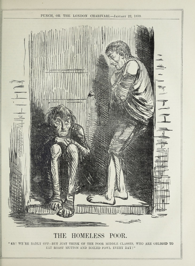 Eine Zeitung mit einer Zeichnung von zwei Personen, einer sitzend und einer stehend, mit der Aufschrift "Die Obdachlosen"