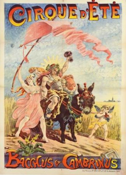Buntes Vintage-Zirkusplakat mit dem Titel "Cirque d'Ete Bacchus & Cambrinus", das Menschen, Tiere und Pflanzen zeigt.