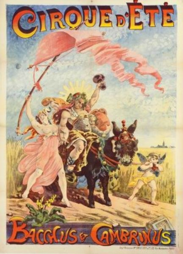 Buntes Vintage-Zirkusplakat mit dem Titel "Cirque d'Ete Bacchus & Cambrinus", das Menschen, Tiere und Pflanzen zeigt.