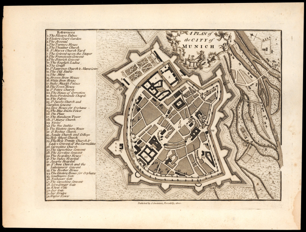 Ausführliche alte Karte von München, Deutschland, mit Straßen, Gebäuden und Sehenswürdigkeiten auf einem schwarzen Hintergrund, mit Text mit Straßennamen und Sehenswürdigkeiten.