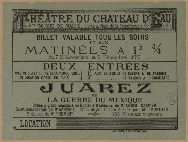 Schwarzes und weißes Ticket für das Theatre du Chateau d'Eau in Juarez, Mexiko mit gedrucktem Text.
