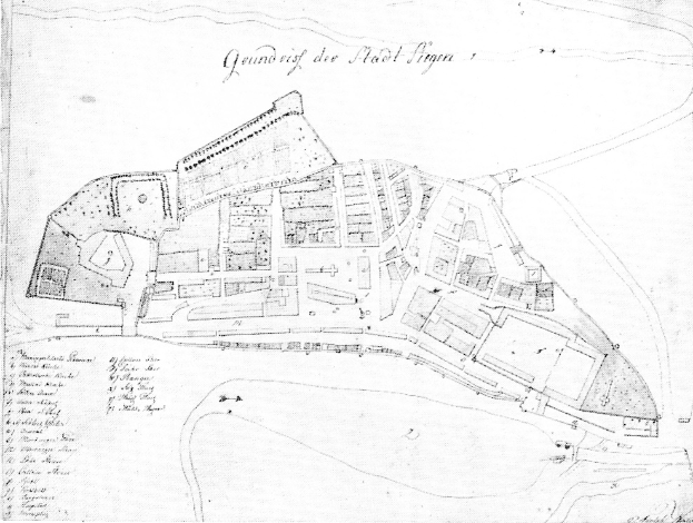 Schwarz-weiß-Karte von Stadt Sigra, Deutschland, zeigt ein detailliertes Layout von Gebäuden und Straßen mit Textannotationen.